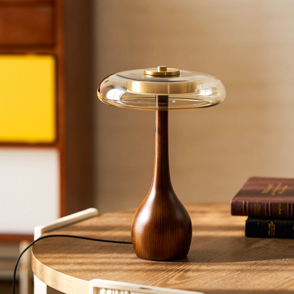 Contemporary Ash Wood And Brass Table Lamp With Glass Shade — Ashbury Home & Living
