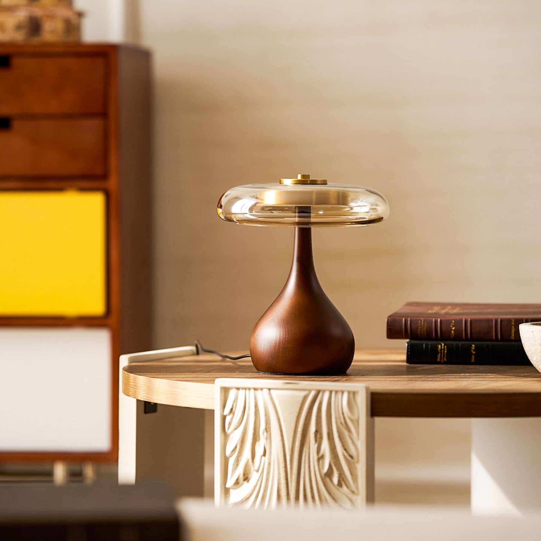 Contemporary Ash Wood And Brass Table Lamp With Glass Shade — Ashbury Home & Living