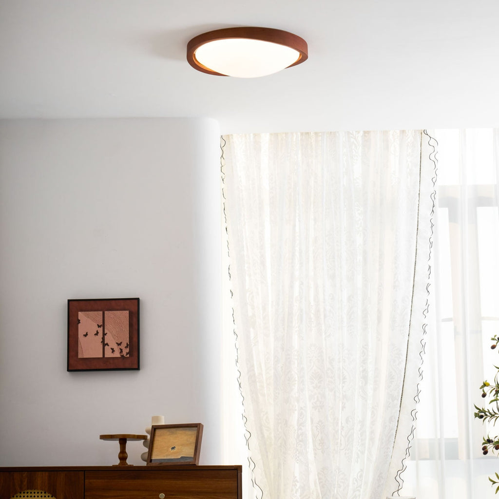 Modern Wood-Effect Fabric Flush Mount Ceiling Light With Tri-Colour Glow — Ashbury Home & Living