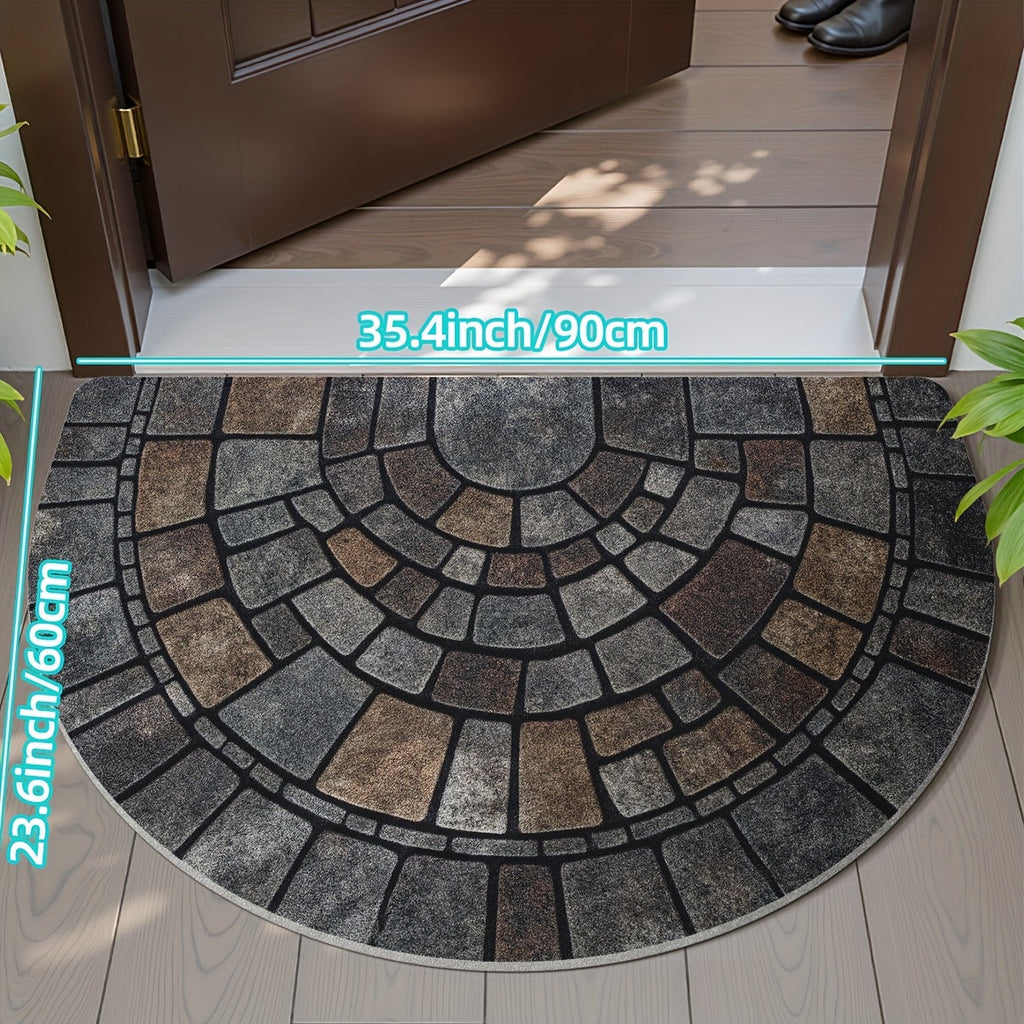 Half Moon Door Mat Non-Slip Mosaic Stone Effect Doormat Semicircle Polyester Entrance Mat for Indoor and Outdoor Use