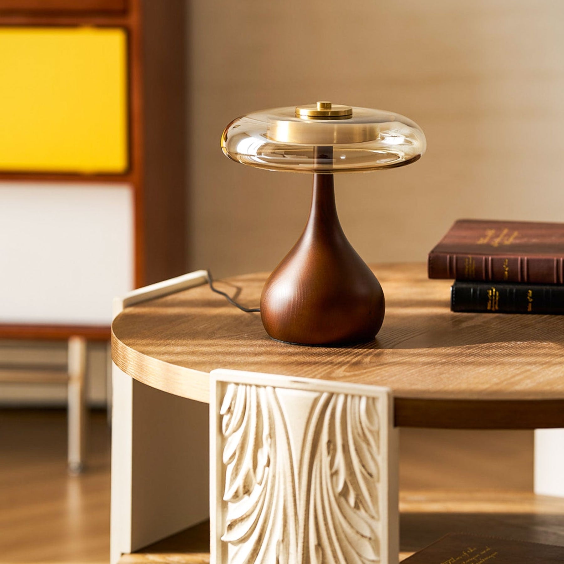 Contemporary Ash Wood And Brass Table Lamp With Glass Shade — Ashbury Home & Living