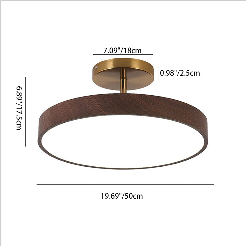 Wood Effect LED Ceiling Light Round Semi Flush Ceiling Lamp Japandi Wood Grain Finish with Brass Tone Fitting for Bedroom and Hallway