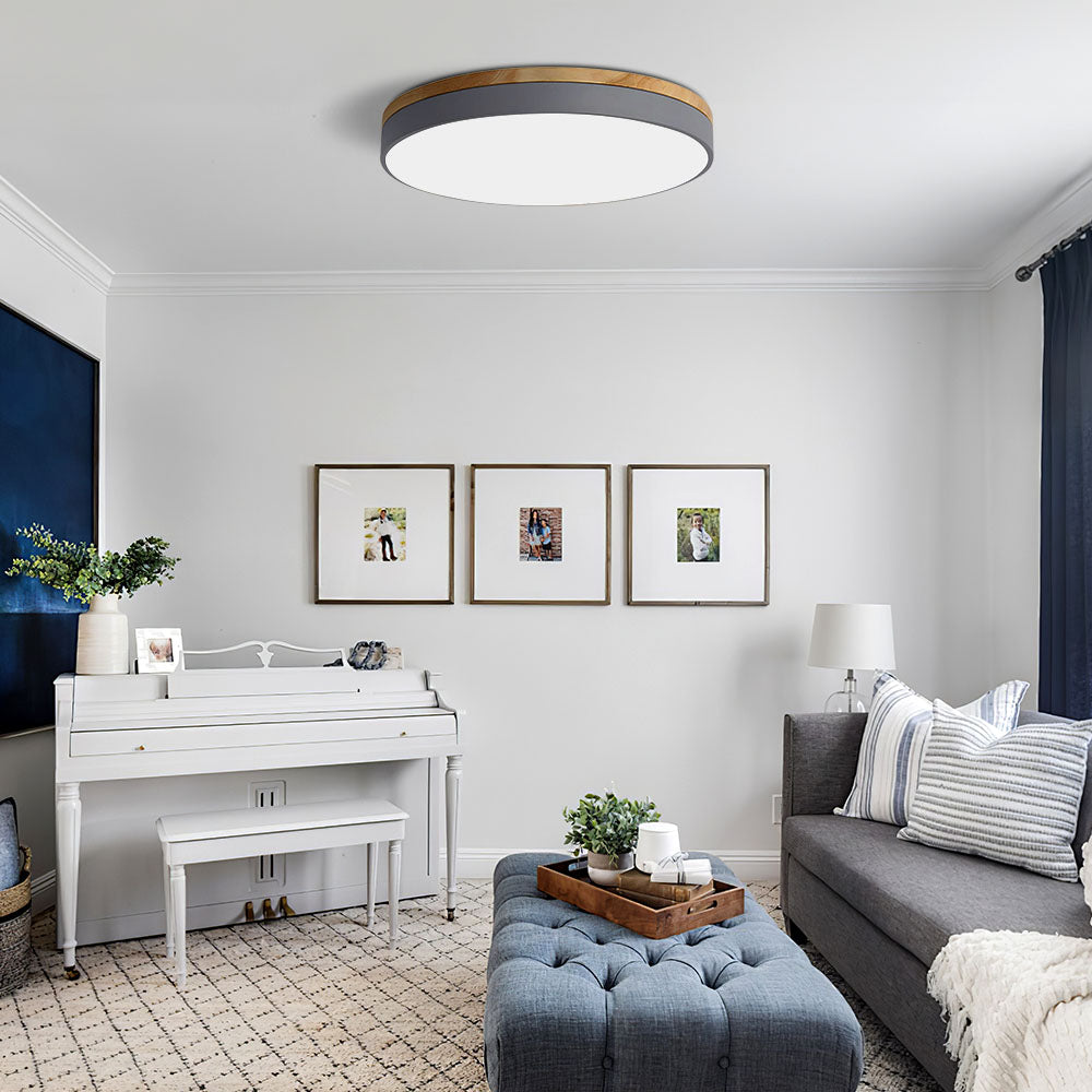 Round Flush LED Ceiling Light with Wood Trim for Living Room
