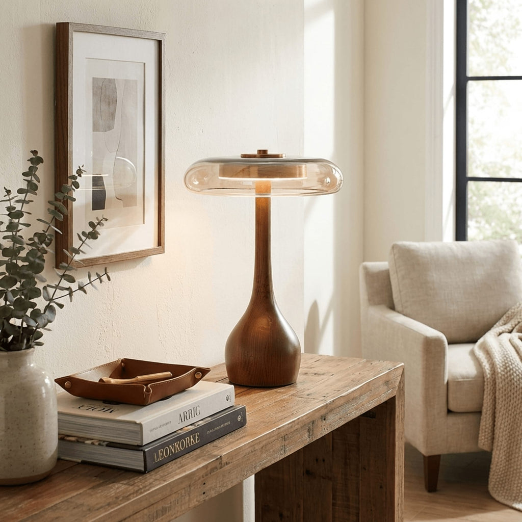 Contemporary Ash Wood And Brass Table Lamp With Glass Shade — Ashbury Home & Living