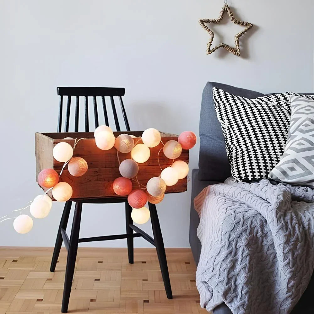 Cotton Ball String Lights LED Fairy Lights with Woven Cotton Balls Battery or USB Powered Garland Lights for Bedroom | Living Room | Nursery and Party