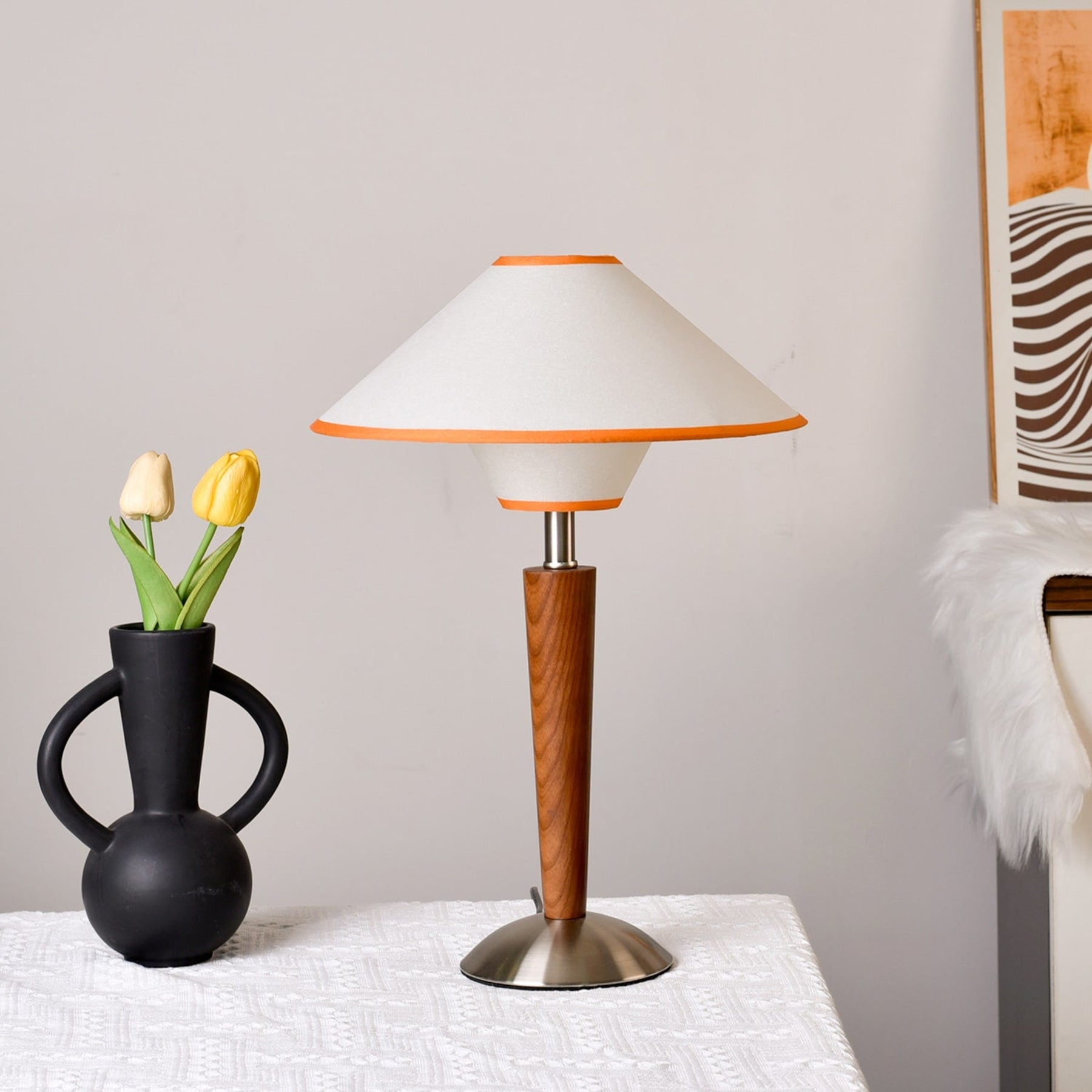 Modern Wood Table Lamp With Fabric Shade for Living Room in Beige & Walnut — Ashbury Home & Living