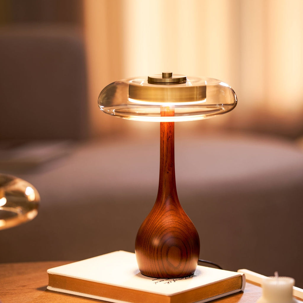 Contemporary Ash Wood And Brass Table Lamp With Glass Shade — Ashbury Home & Living