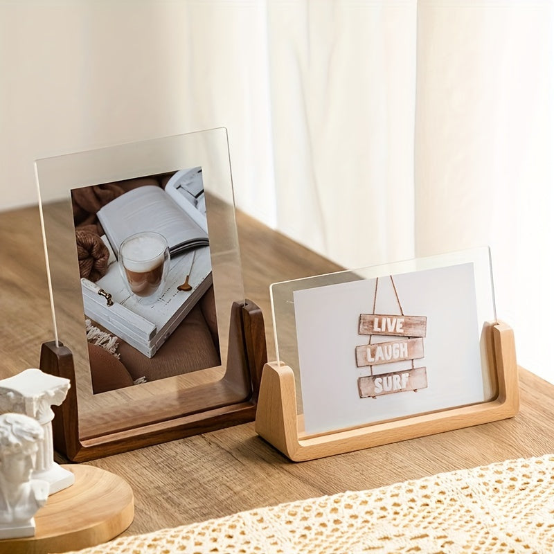 Acrylic Photo Frame with Wooden Base Clear U-Shaped Picture Frame Modern Minimalist Tabletop Frame for Desk | Shelf and Bedside