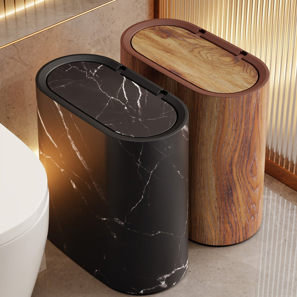 Marble Effect Bathroom Bin with Lid Slim Oval Waste Bin Modern Rubbish Bin Space-Saving Trash Can for Bathroom | Kitchen and Office