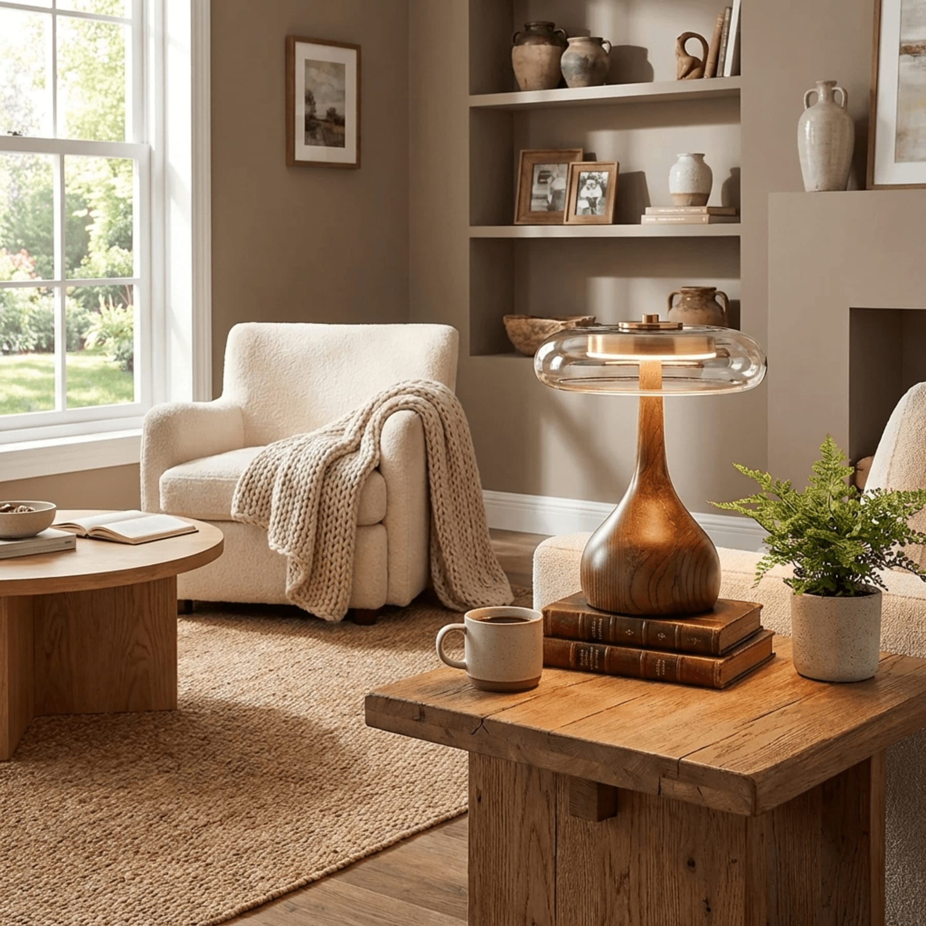 Contemporary Ash Wood And Brass Table Lamp With Glass Shade — Ashbury Home & Living