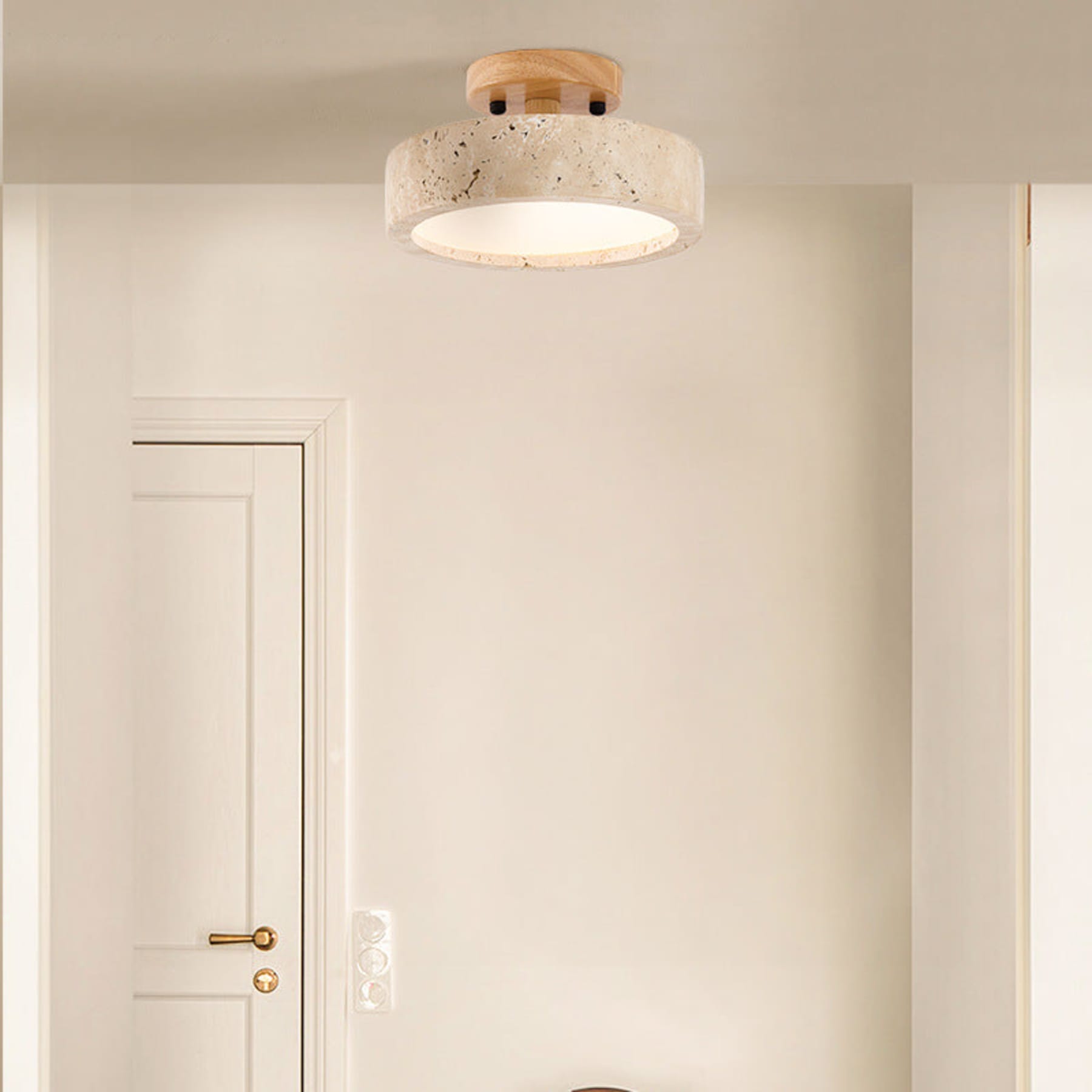 Modern Travertine and Wood Flush Mount Ceiling Light — Ashbury Home & Living