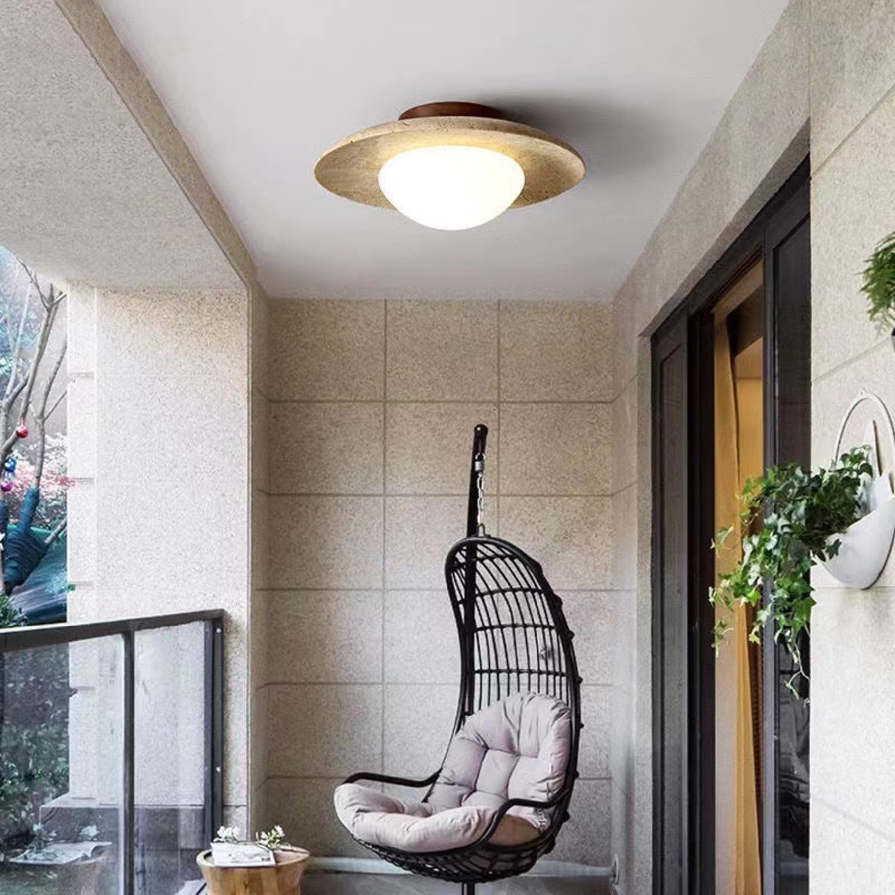 Modern Travertine and Wood Semi-Flush Ceiling Light With Warm LED Glow — Ashbury Home & Living