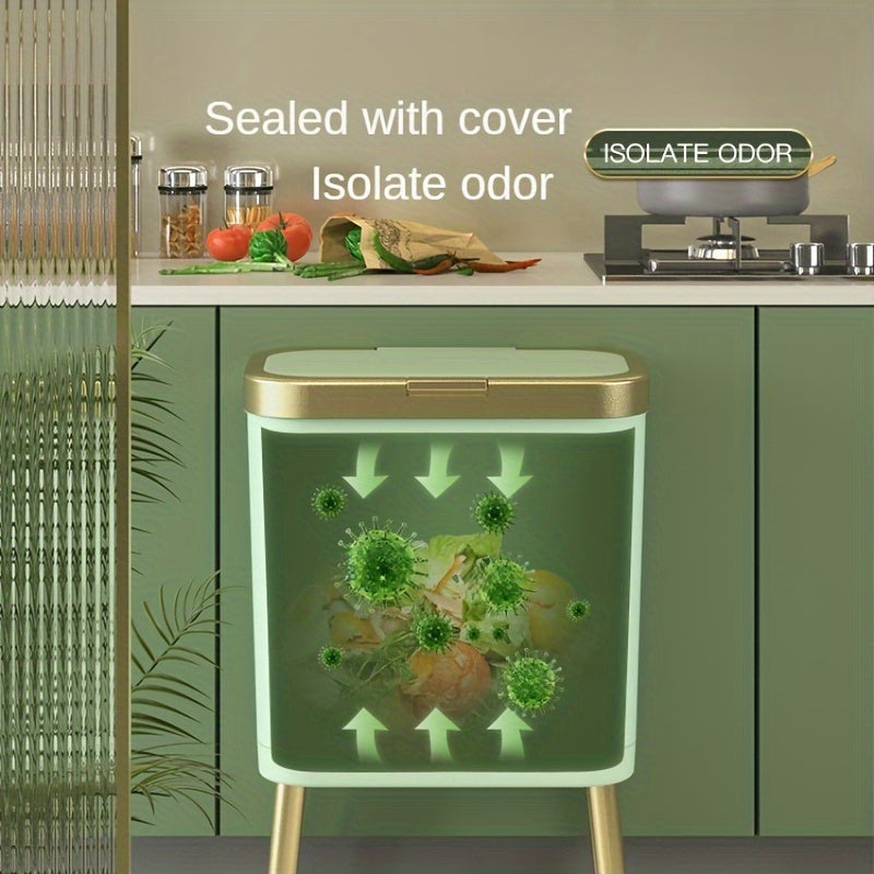 Slim Kitchen Bin with Lid and Raised Legs Odour Sealing Press-Top Rubbish Bin with Metallic Trim Waste Bin for Kitchen | Bathroom and Living Room