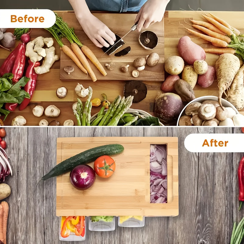 Bamboo Chopping Board with Storage Trays and Graters Kitchen Prep Station with Juice Groove and Lid for Slicing | Grating and Food Storage