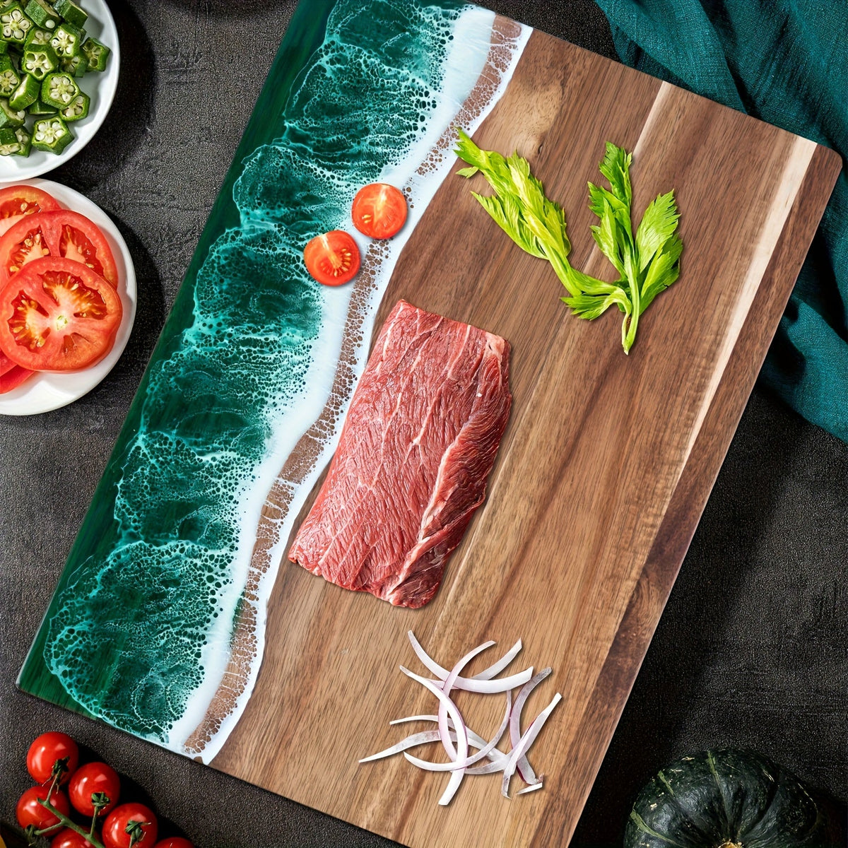 Resin Chopping Board Acacia Wood Ocean Wave Serving Board Wooden Cheese Board with Epoxy Resin Inlay for Kitchen | Charcuterie and Bread