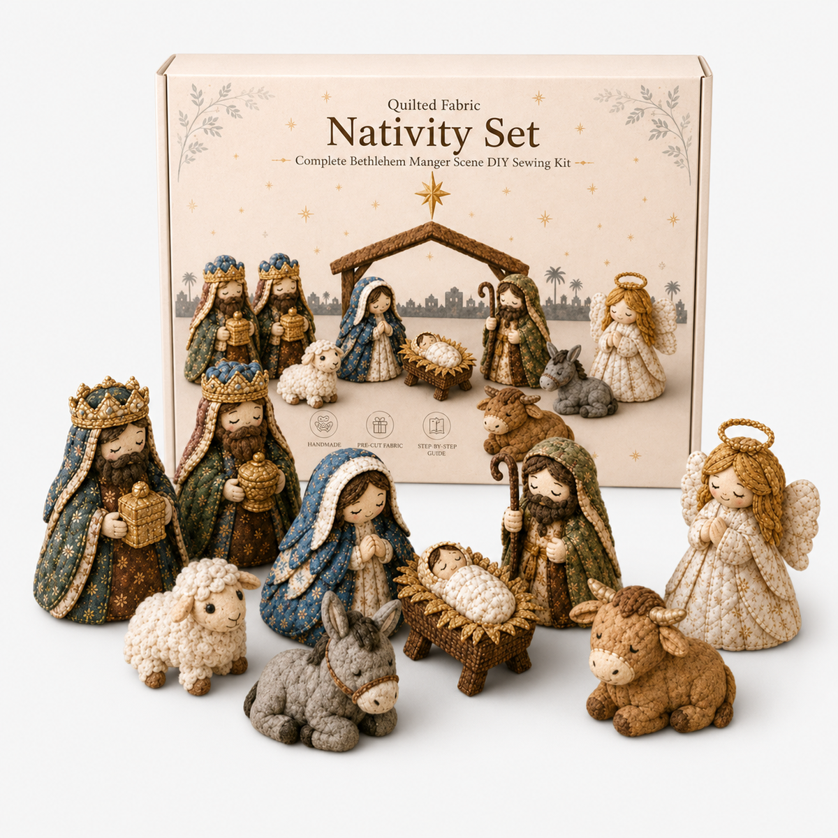 Patchwork Fabric Nativity Sewing Kit Hand Stitched Christmas Nativity Scene Craft Kit with Pre Cut Fabric Pieces and Pattern for Mantel Decoration