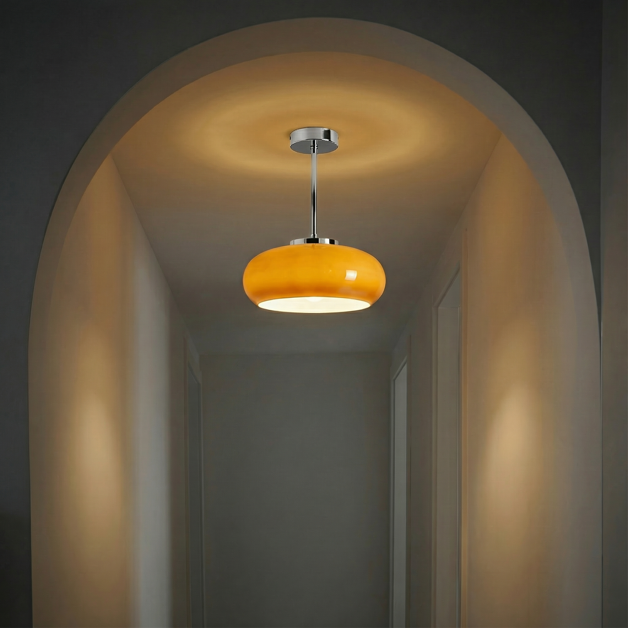 Vintage Amber Glass Flush Mount Ceiling Light With Brass Canopy