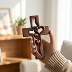 Wooden Cross Wall Decor Carved Intertwined Hearts Hanging Wall Cross Natural Wood Christian Decor for Entryway | Bedroom and Living Room