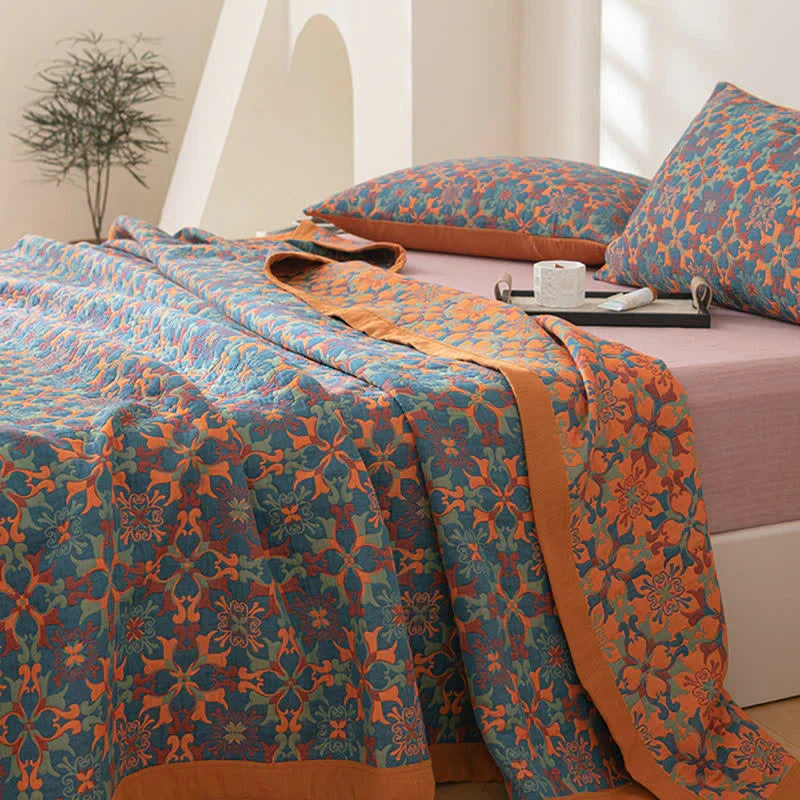 Six Layer Cotton Gauze Quilt Blue Patterned Muslin Bedspread Breathable Lightweight Blanket with Contrast Border for Bed and Sofa