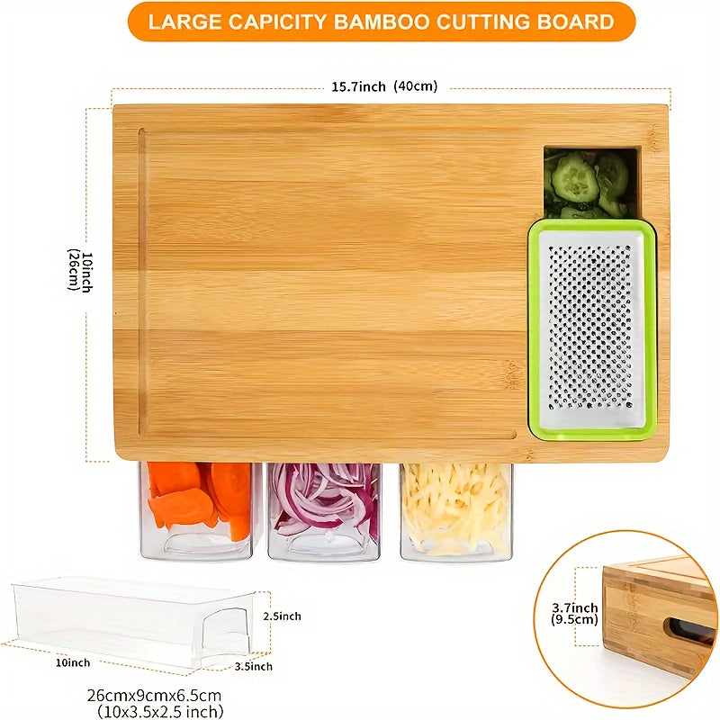 Bamboo Chopping Board with Storage Trays and Graters Kitchen Prep Station with Juice Groove and Lid for Slicing | Grating and Food Storage