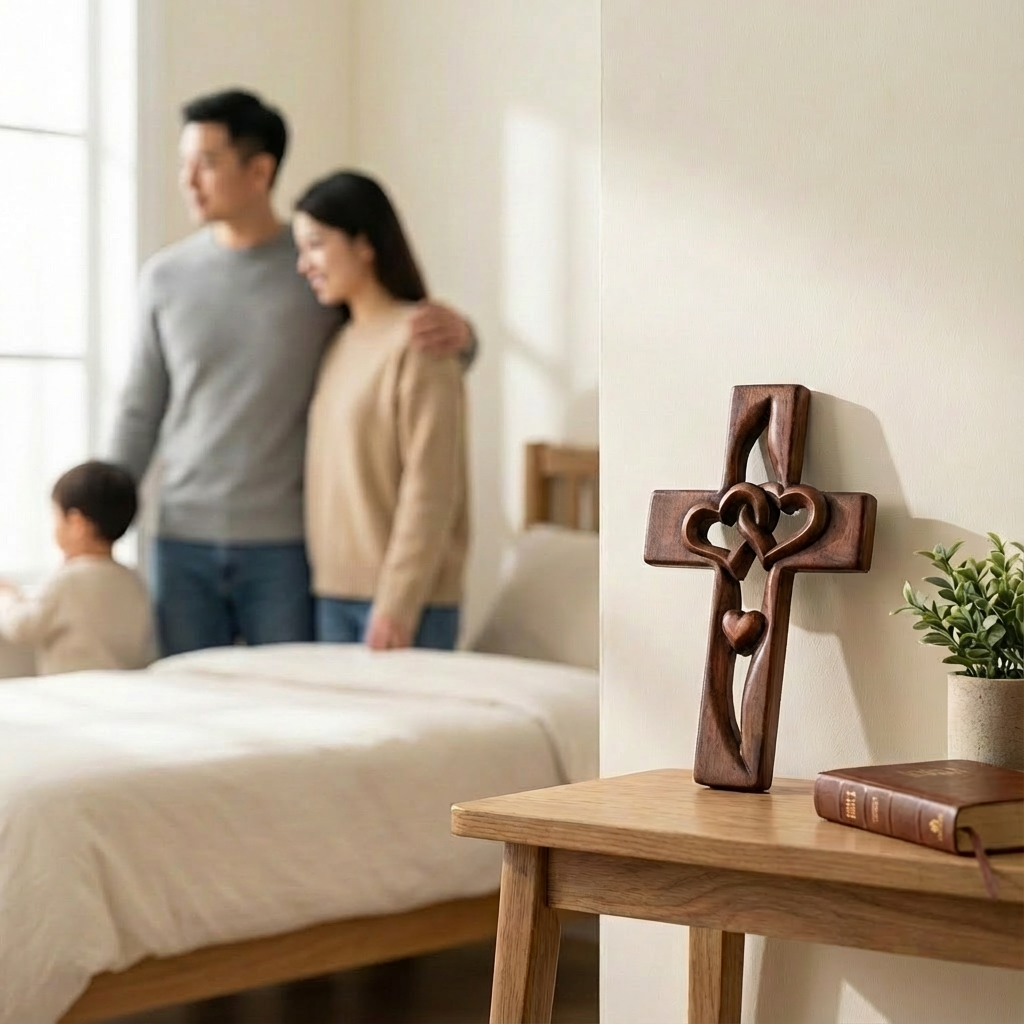 Wooden Cross Wall Decor Carved Intertwined Hearts Hanging Wall Cross Natural Wood Christian Decor for Entryway | Bedroom and Living Room