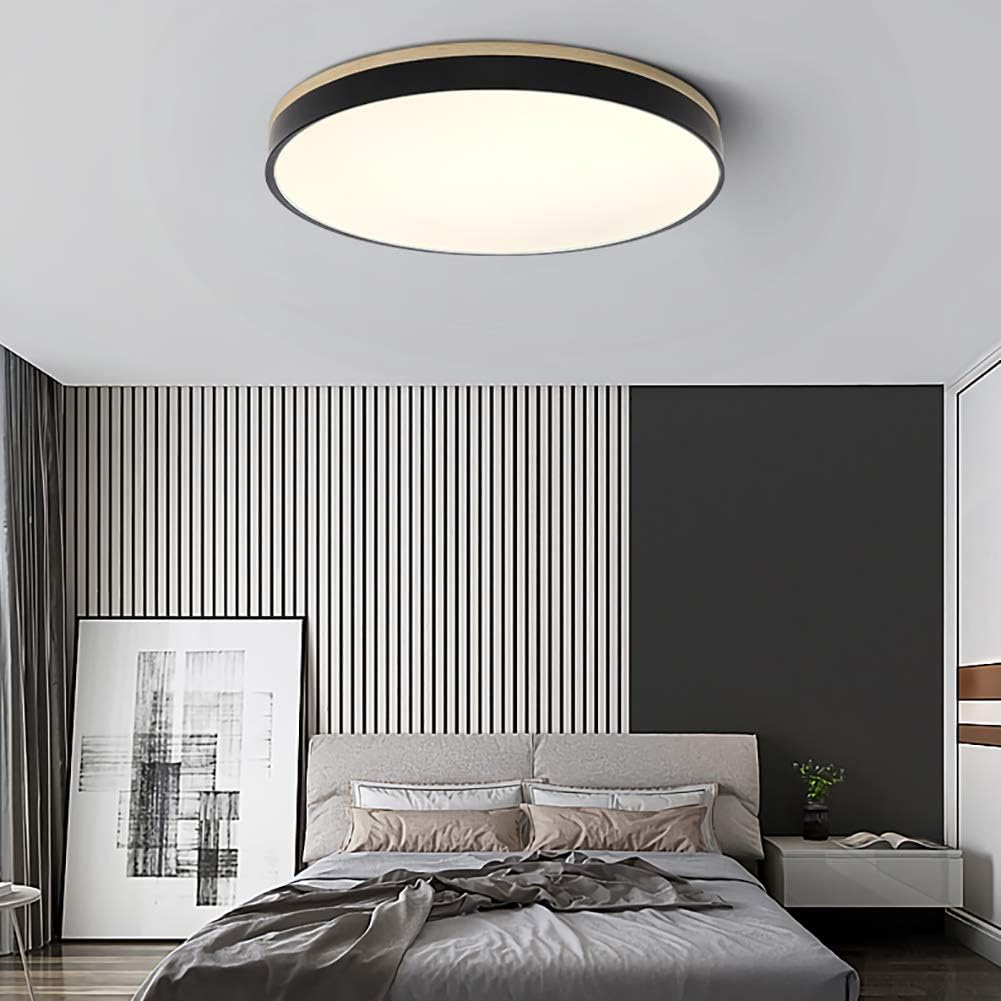 Round Flush LED Ceiling Light with Wood Trim for Living Room