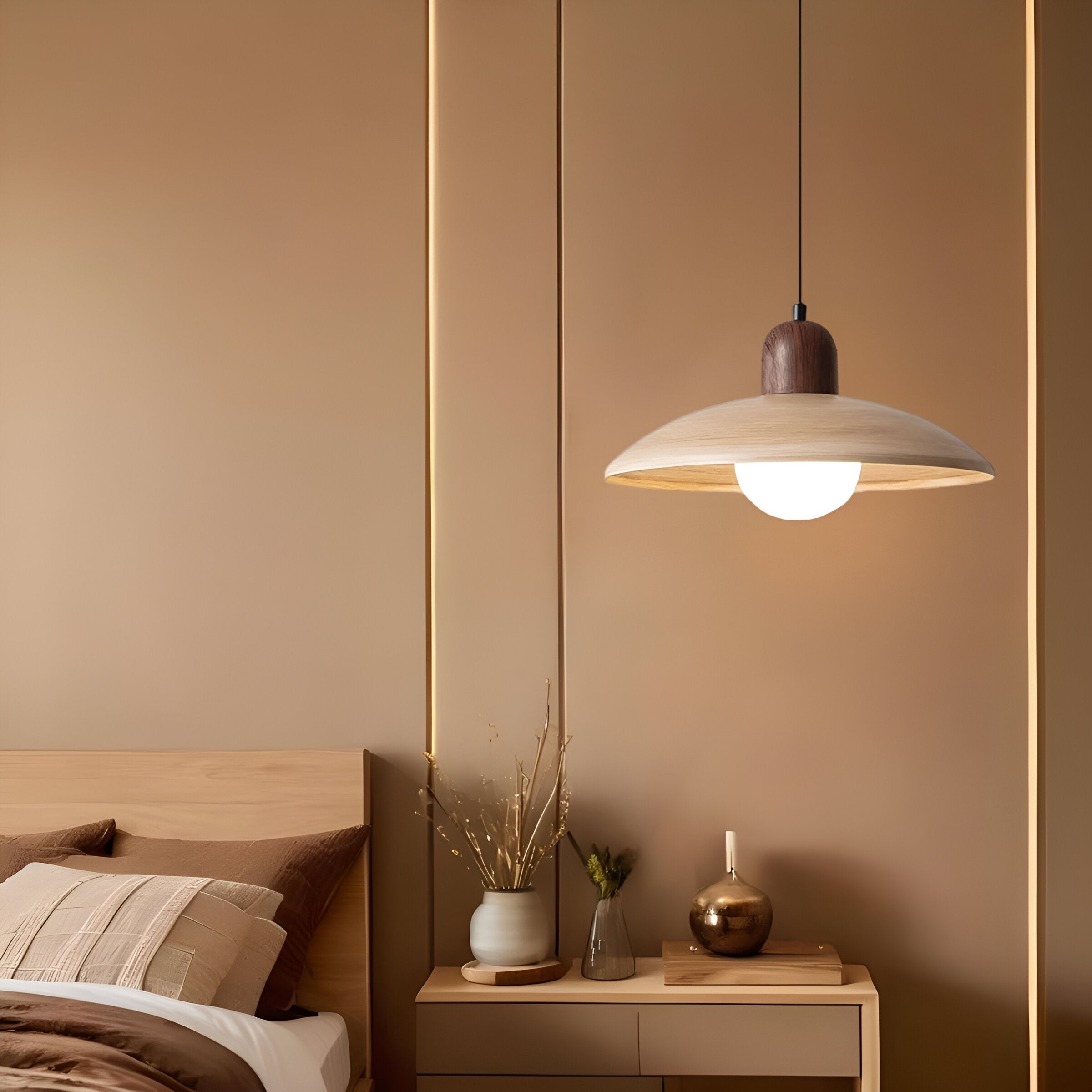 Japanese Wabi Sabi Walnut Pendant Lights With Dome Shade