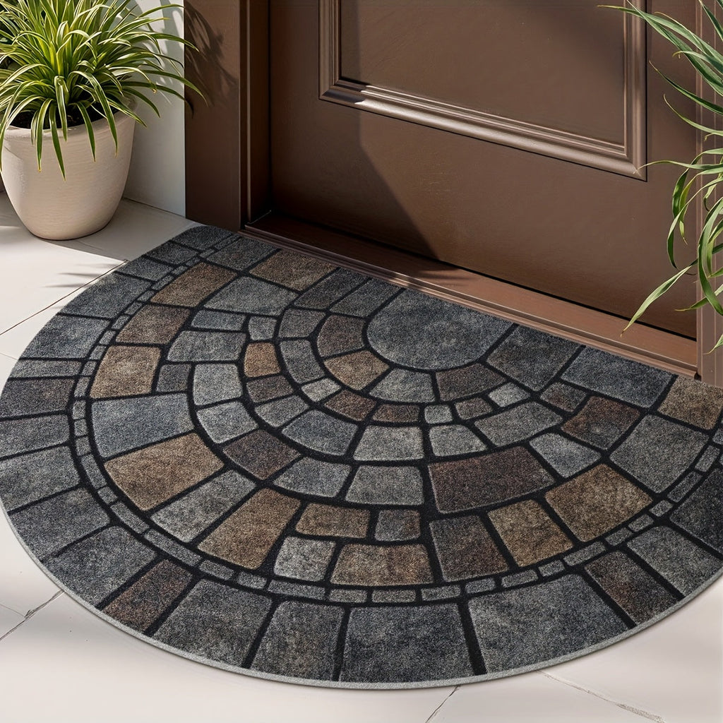 Half Moon Door Mat Non-Slip Mosaic Stone Effect Doormat Semicircle Polyester Entrance Mat for Indoor and Outdoor Use