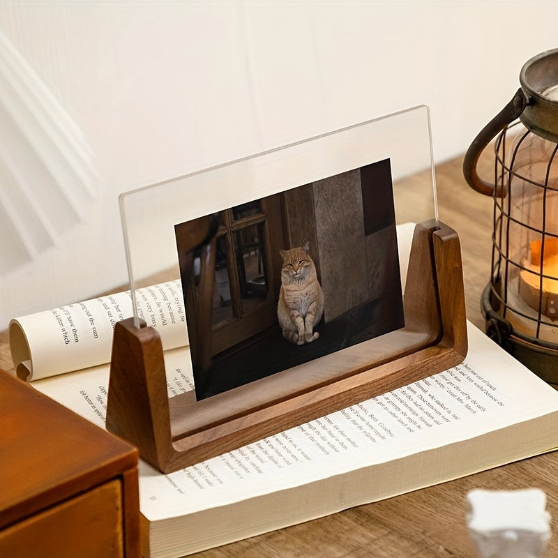 Acrylic Photo Frame with Wooden Base Clear U-Shaped Picture Frame Modern Minimalist Tabletop Frame for Desk | Shelf and Bedside