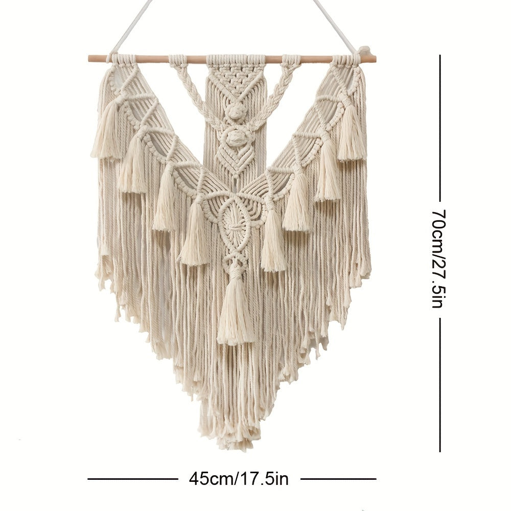 Macrame Wall Hanging Bohemian Woven Tapestry Handcrafted Knotted Wall Art with Tassels and Wooden Dowel for Bedroom | Living Room and Entryway