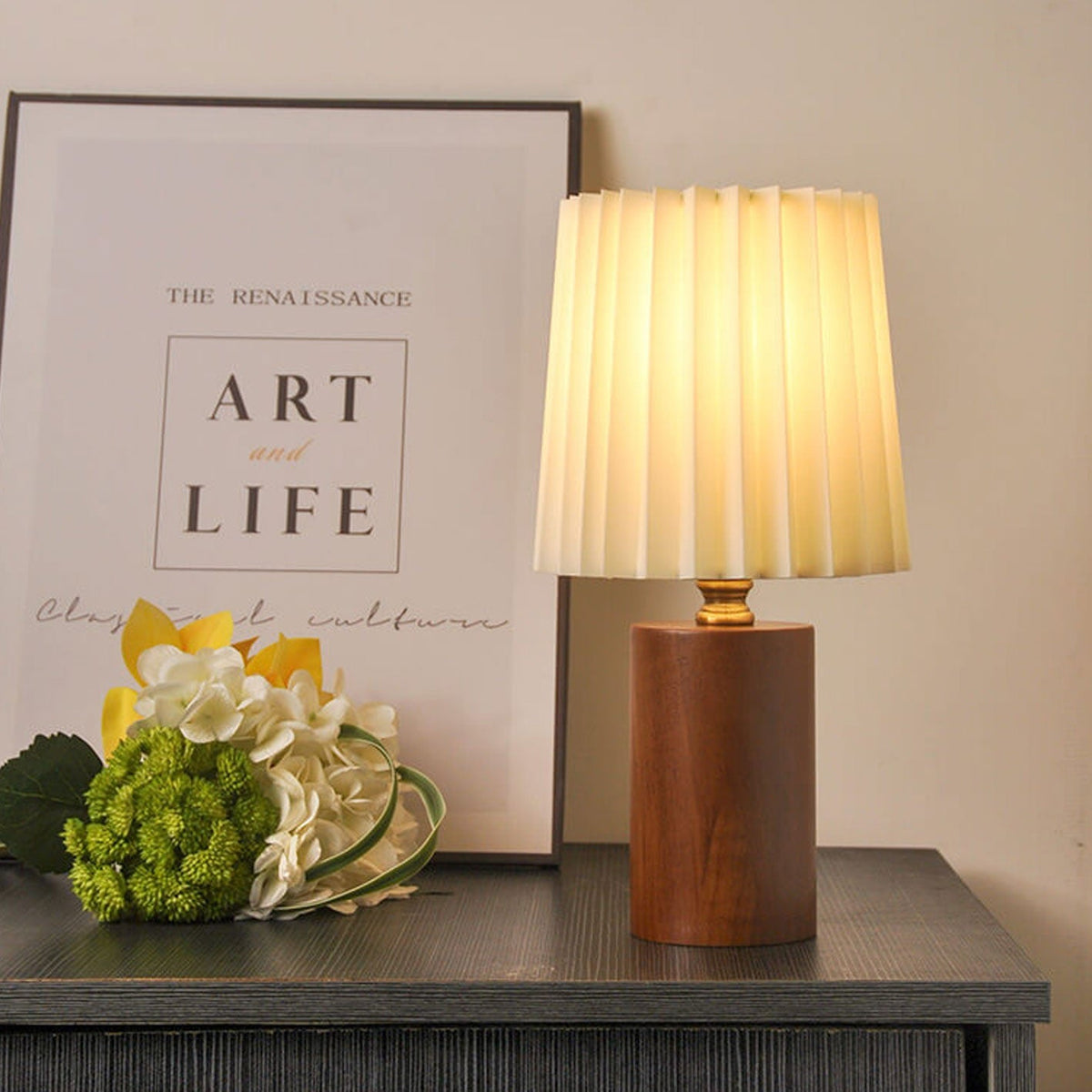 Pleated Table Lamp Solid Wood Column Base Vintage Korean Style Bedside Lamp with Fabric Shade USB or Plug In for Bedroom and Living Room