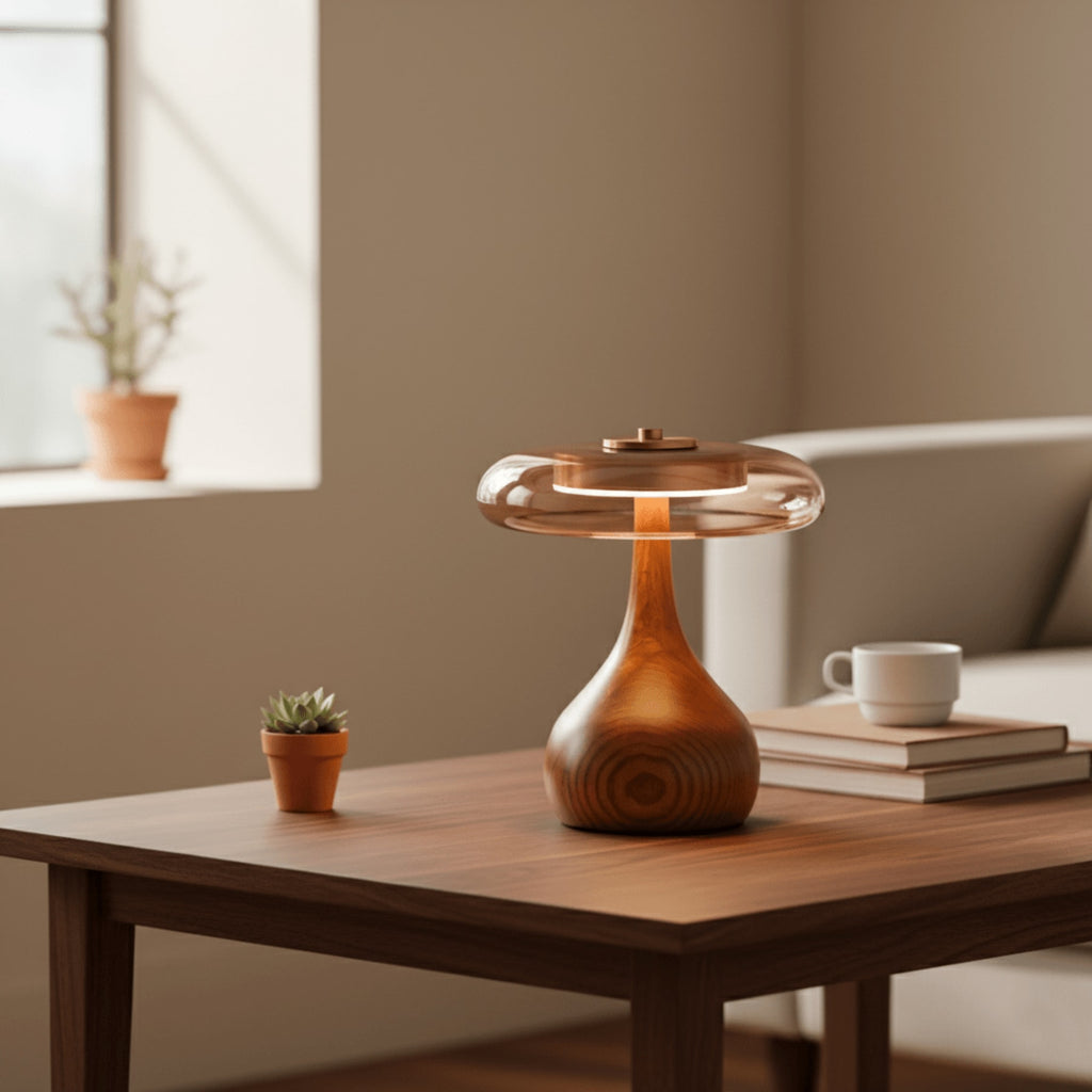 Contemporary Ash Wood And Brass Table Lamp With Glass Shade — Ashbury Home & Living