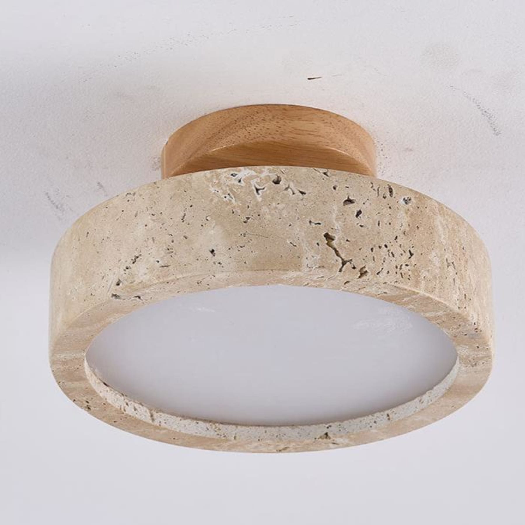 Modern Travertine and Wood Flush Mount Ceiling Light — Ashbury Home & Living