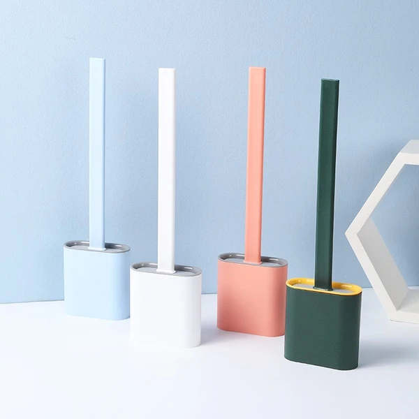 Silicone Toilet Brush with Holder Flexible Flat Brush Head Quick Drying Hygienic Toilet Cleaning Brush Standing or Wall Mounted for Bathroom