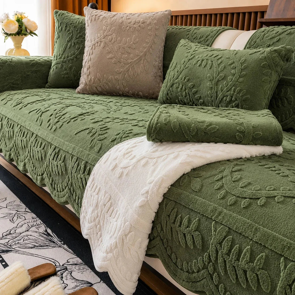 Embossed Plush Sofa Cover Non Slip Couch Protector with Botanical Leaf Pattern and Silicone Grip Backing Pet Friendly Sofa Seat Cover for Living Room