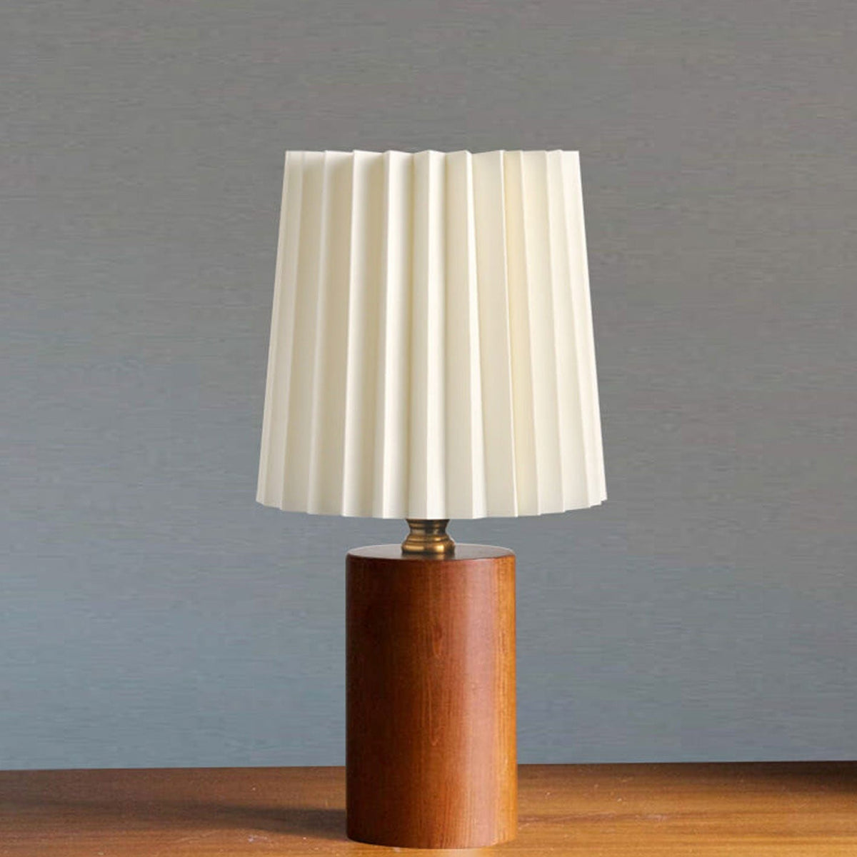 Pleated Table Lamp Solid Wood Column Base Vintage Korean Style Bedside Lamp with Fabric Shade USB or Plug In for Bedroom and Living Room
