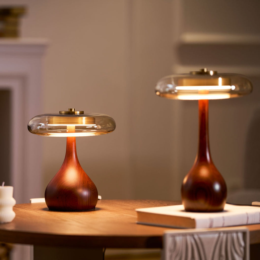 Contemporary Ash Wood And Brass Table Lamp With Glass Shade — Ashbury Home & Living