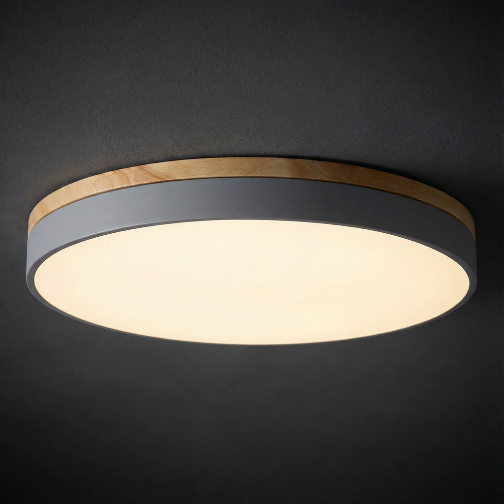 Round Flush LED Ceiling Light with Wood Trim for Living Room