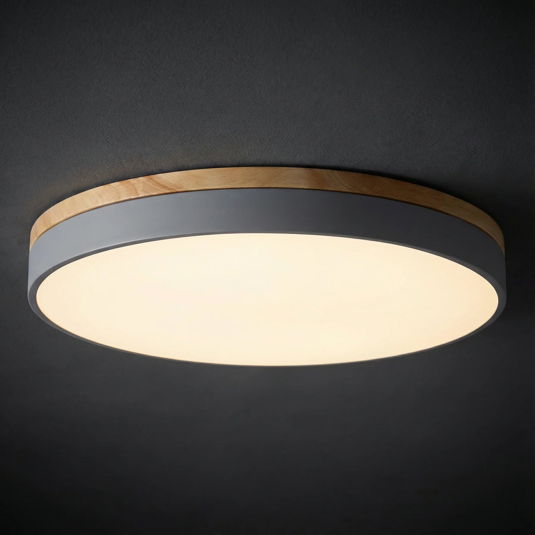 Round Flush LED Ceiling Light with Wood Trim for Living Room