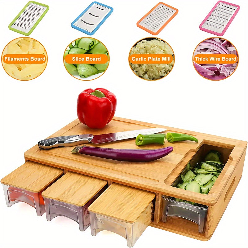 Bamboo Chopping Board with Storage Trays and Graters Kitchen Prep Station with Juice Groove and Lid for Slicing | Grating and Food Storage