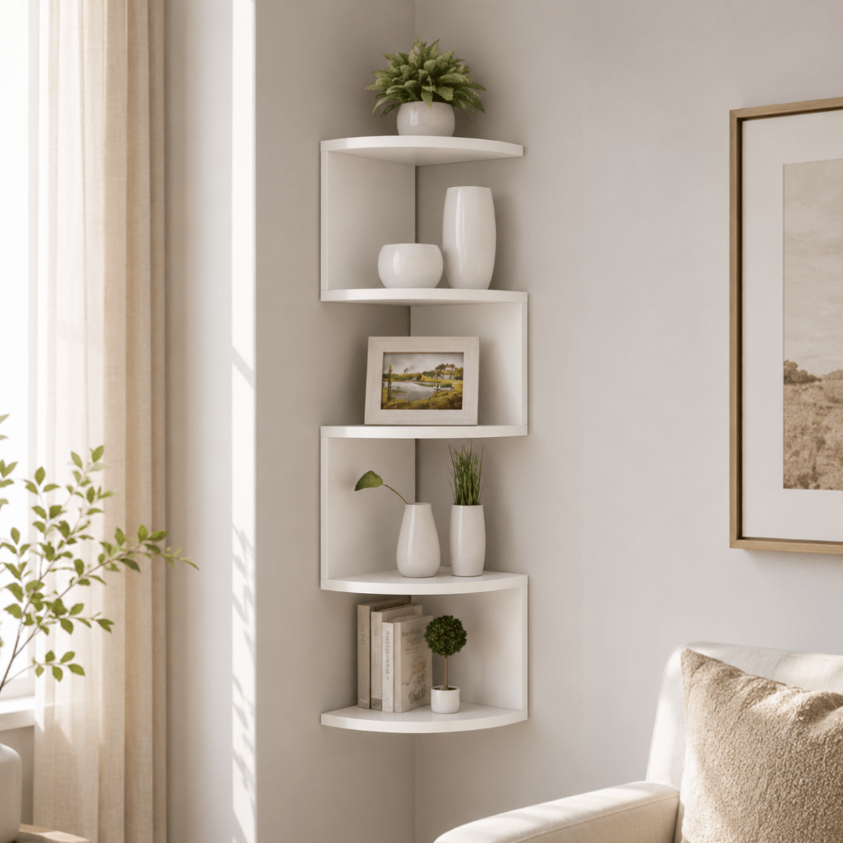 Wall Mounted Corner Shelf Multi Tier Zigzag Floating Corner Shelving Unit Space Saving Storage for Living Room | Bedroom and Hallway