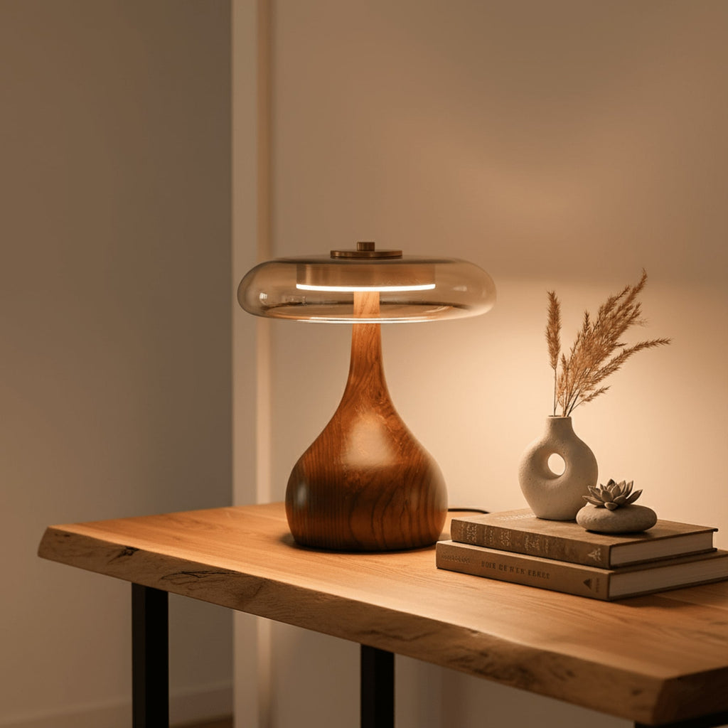 Contemporary Ash Wood And Brass Table Lamp With Glass Shade — Ashbury Home & Living