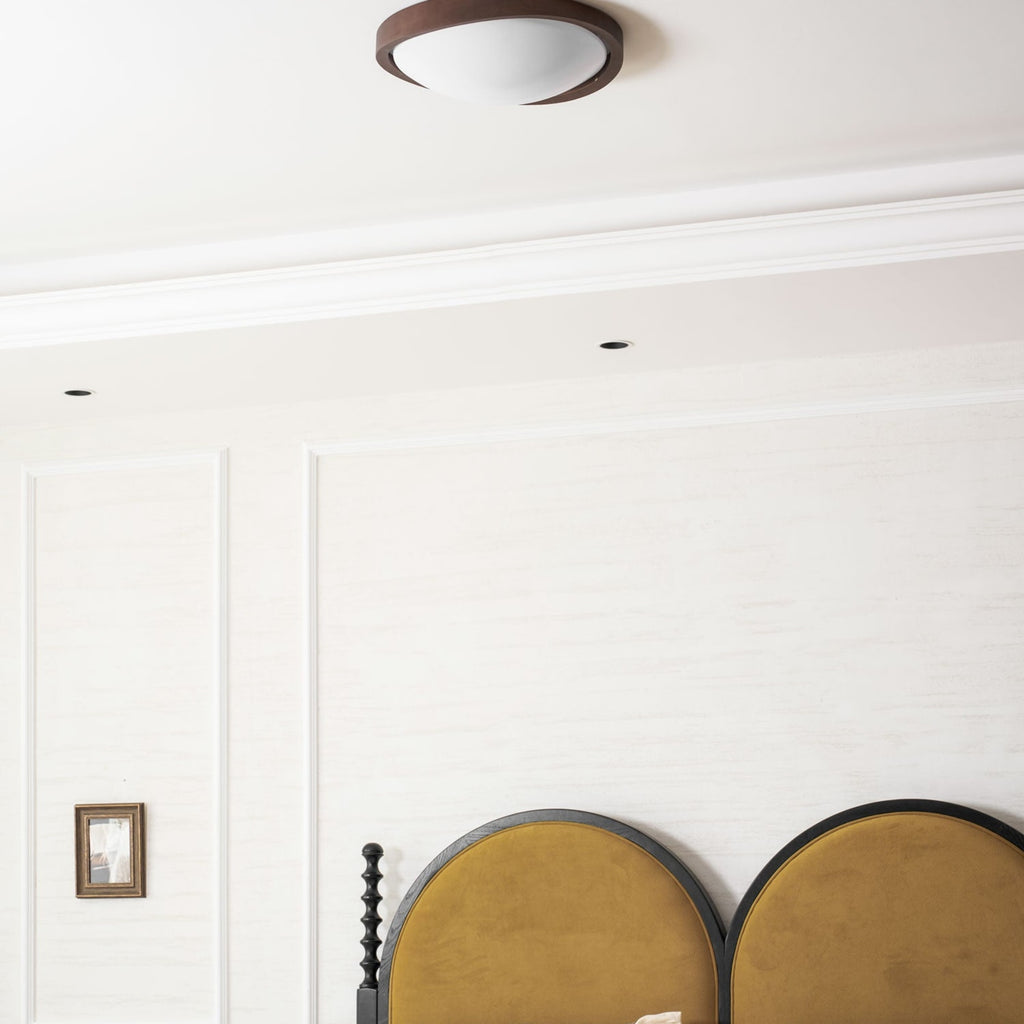 Modern Wood-Effect Fabric Flush Mount Ceiling Light With Tri-Colour Glow — Ashbury Home & Living