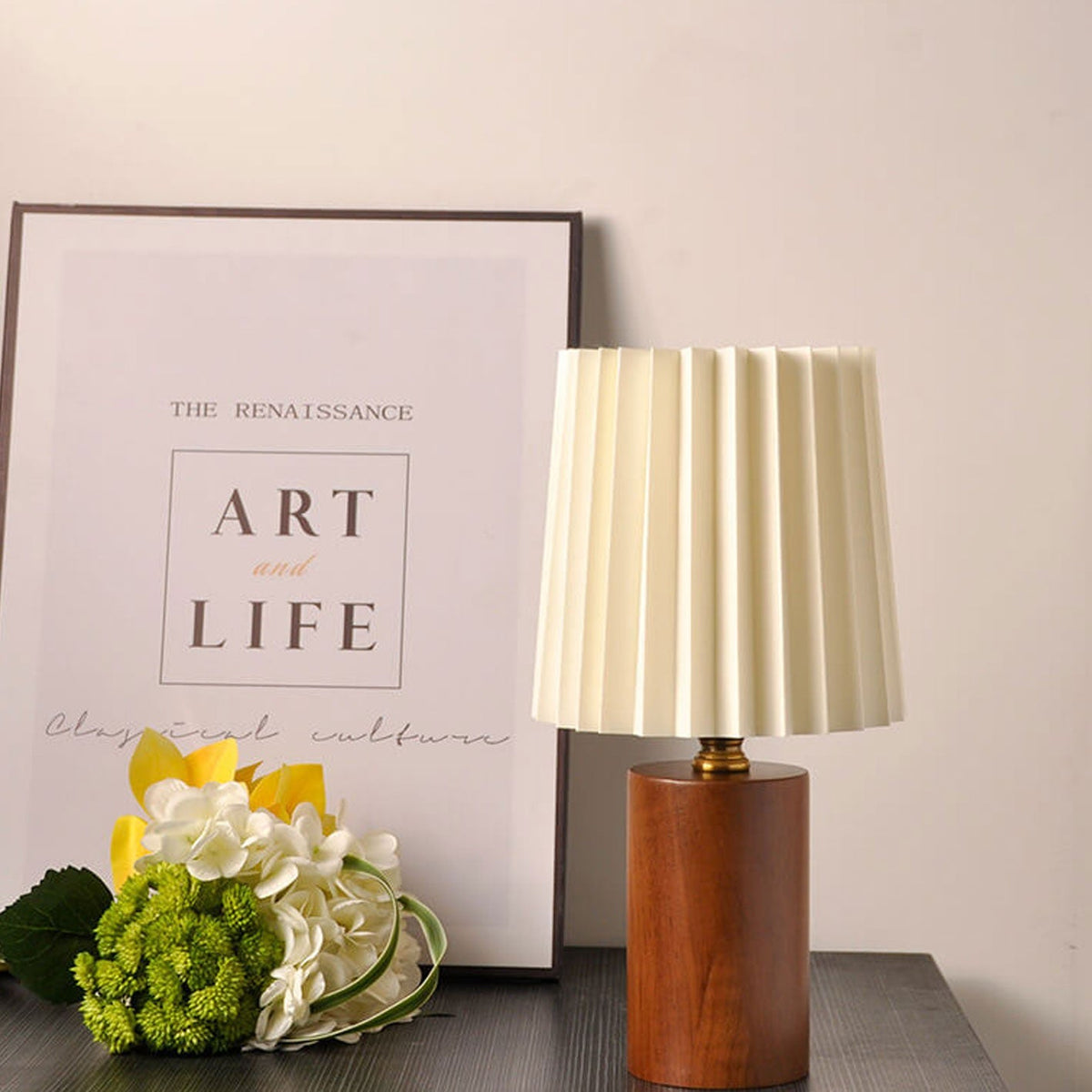 Pleated Table Lamp Solid Wood Column Base Vintage Korean Style Bedside Lamp with Fabric Shade USB or Plug In for Bedroom and Living Room