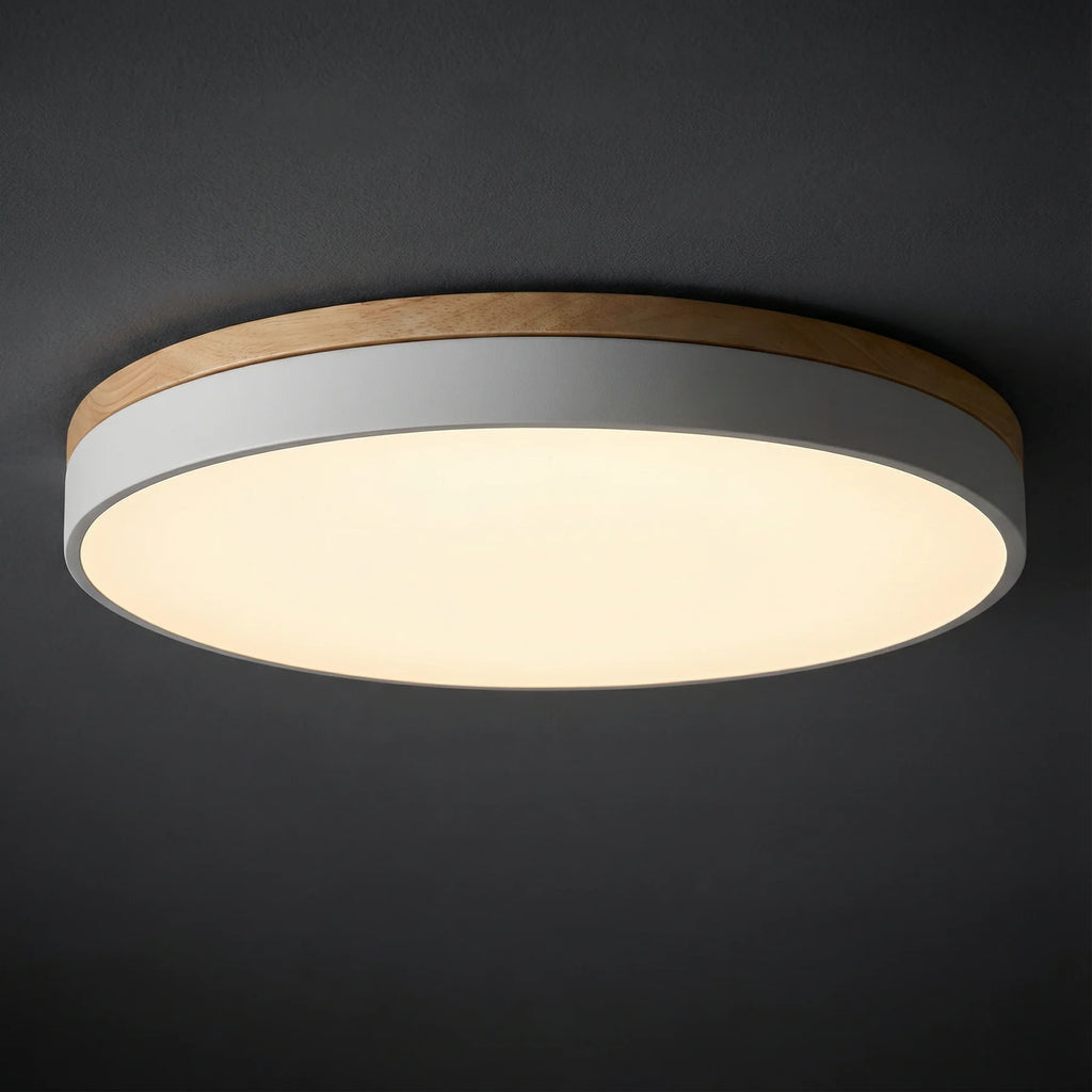 Round Flush LED Ceiling Light with Wood Trim for Living Room