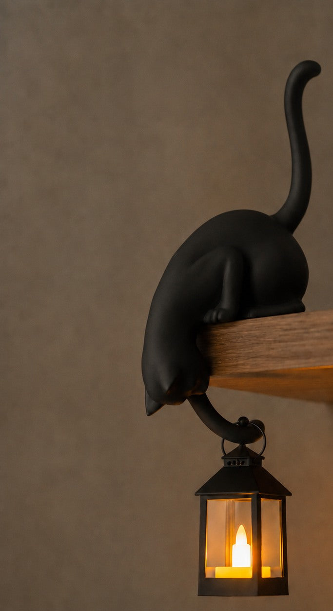 Cat Shelf Sitter Figurine with Hanging LED Lantern Battery Operated Bookshelf Decor Night Light Sculpture for Shelf Edges | Bedroom and Living Room