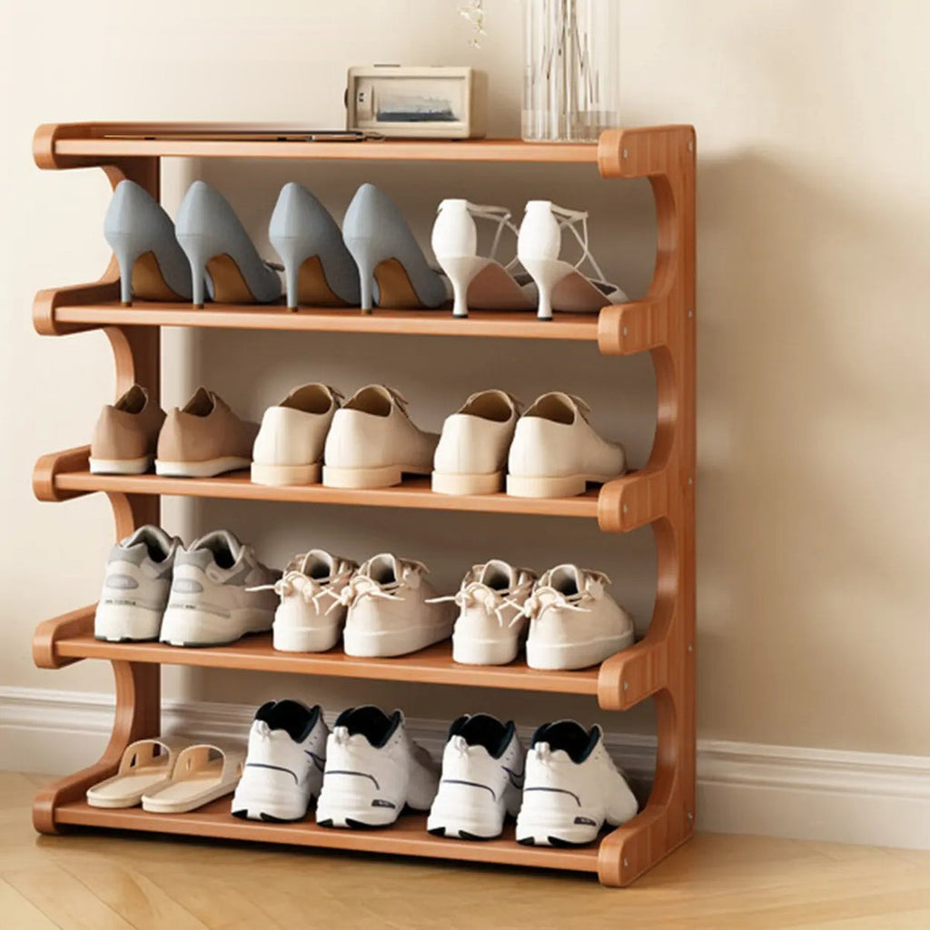 Wooden Shoe Rack with Curved Side Panels Open Freestanding Shoe Shelf Modern Bamboo Shoe Storage Organiser for Hallway | Entryway and Wardrobe