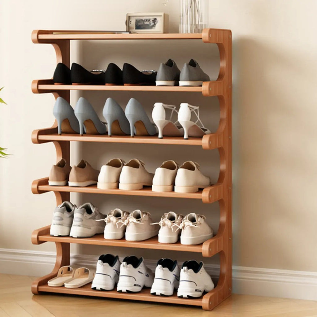 Wooden Shoe Rack with Curved Side Panels Open Freestanding Shoe Shelf Modern Bamboo Shoe Storage Organiser for Hallway | Entryway and Wardrobe
