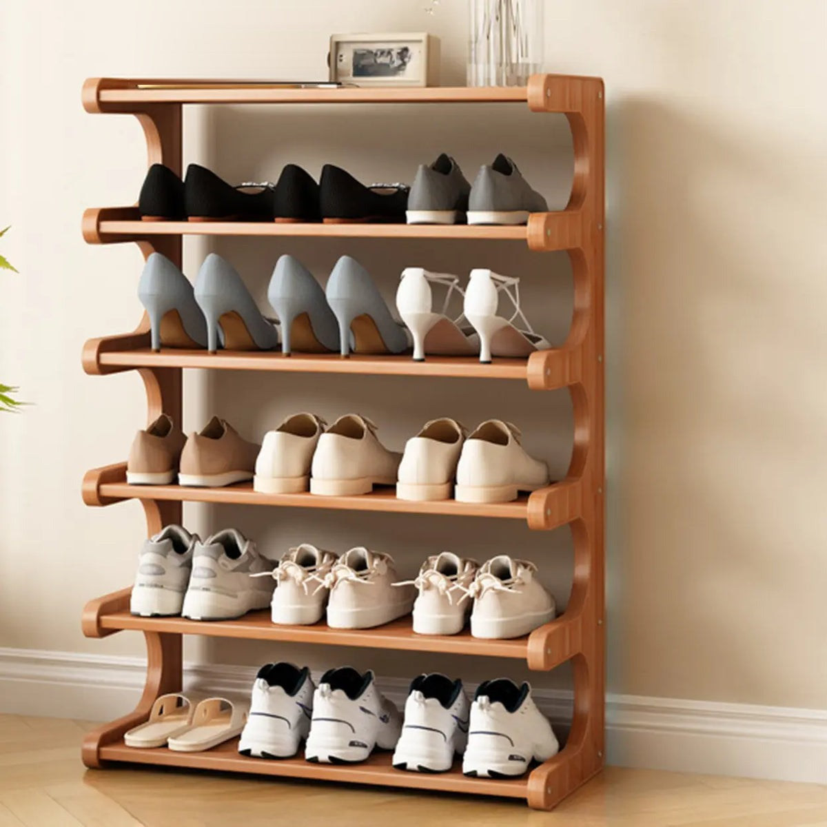 Wooden Shoe Rack with Curved Side Panels Open Freestanding Shoe Shelf Modern Bamboo Shoe Storage Organiser for Hallway | Entryway and Wardrobe