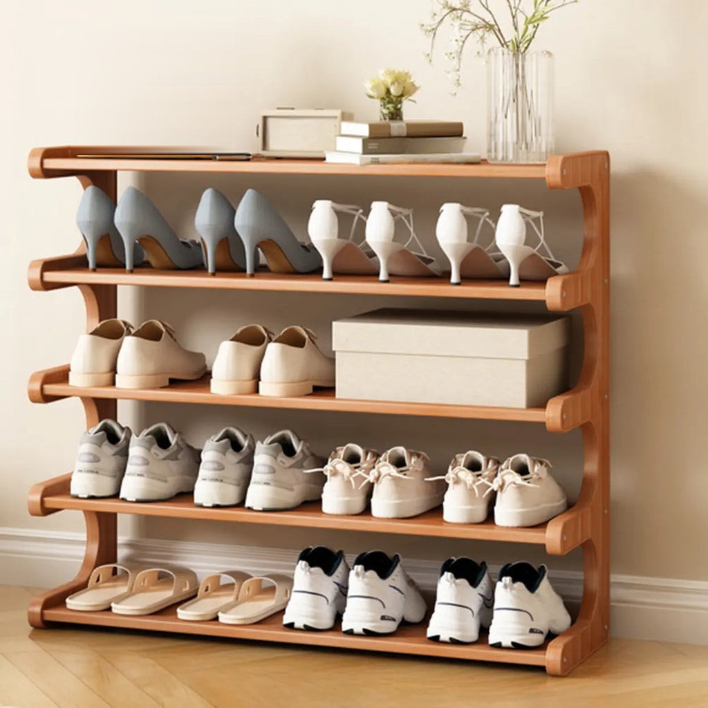 Wooden Shoe Rack with Curved Side Panels Open Freestanding Shoe Shelf Modern Bamboo Shoe Storage Organiser for Hallway | Entryway and Wardrobe
